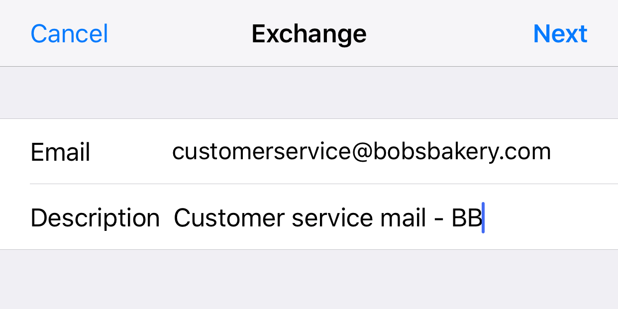 iOS Step 3 Selecting Exchange and inserting a e-mail address and description