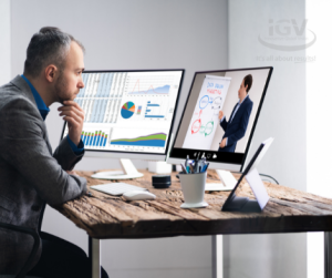 Man participating in hybrid event on his computer