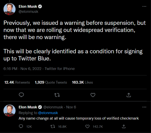 Elon Musk's tweet regarding parody account policy and suspensions.