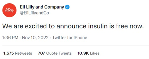 Fake Eli Lilly tweet stating "We are excited to announce insulin is free now."