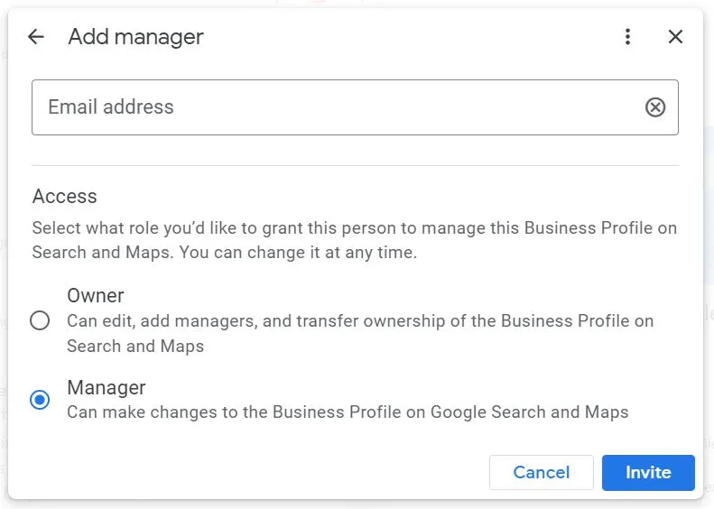 Screenshot from Google Business Profile for Mangers access showing two choices either a "owner" or "Manager" option. 