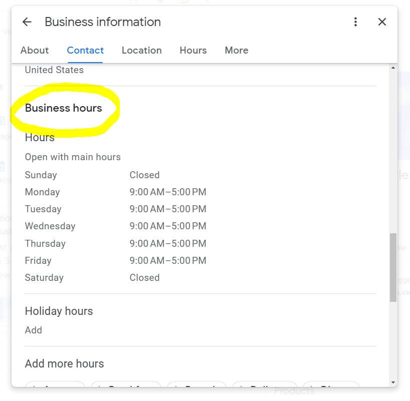 Example of where you can edit your Google Business Profile Business Hours