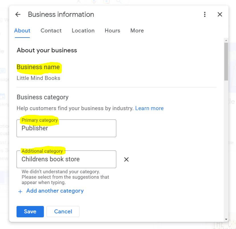 Choosing a business category in Google Business Profiles example