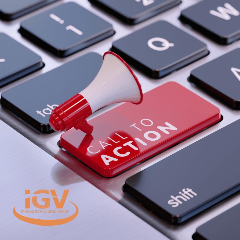 Image of a red call to action key on a keyboard. Megaphone graphic above it and "Call to Action" written on the button. IGV logo bottom left.