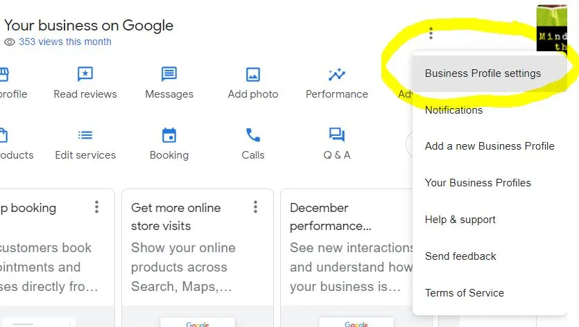 Drop down menu for editing your business profile settings on Google Business profile circled "Business Profile Settings."