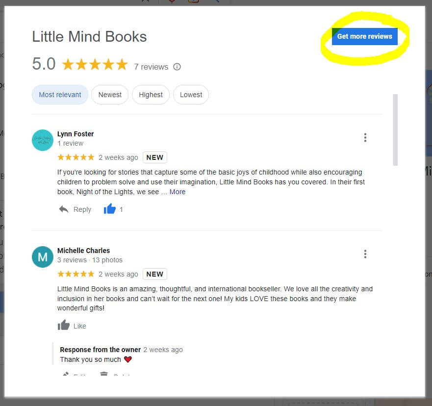 Button to click to get reviews on Google Business Profile