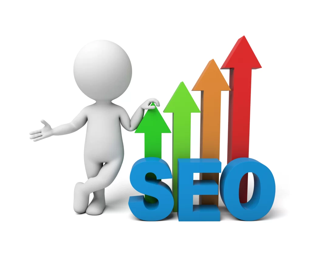 An image a of cartoon figure standing beside the abbreviation "SEO" with arrows pointing upwards