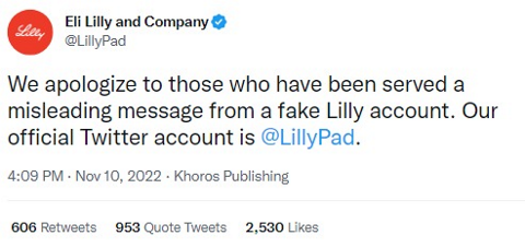 Real Eli Lilly account tweet that reads "We apologize to those who have been served a misleading message from a fake Lilly account. Our official Twitter account is @LillyPad."