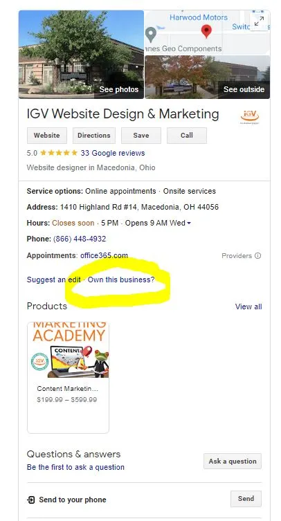 Screenshot of IGV's Google Business Listing with "Own this business" circled in yellow