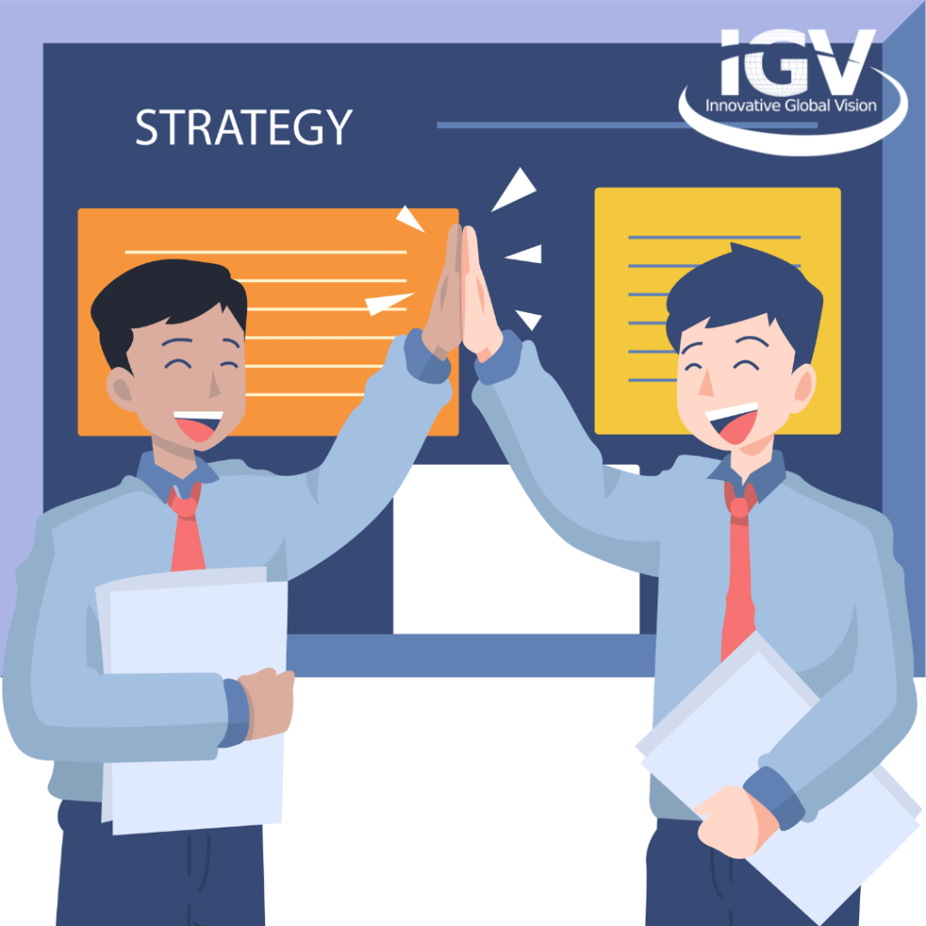 Animated image of two men high fiving each other and smiling. IGV logo top right.