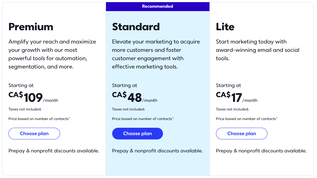 Constant contact pricing plan shown in CAD