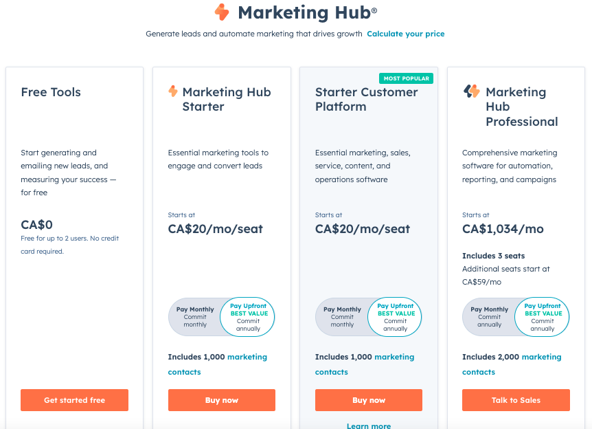 HubSpot pricing plan breakdown for small teams and individuals