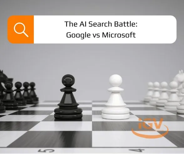 A chessboard with two pieces side by side signifying Google vs Microsoft.
