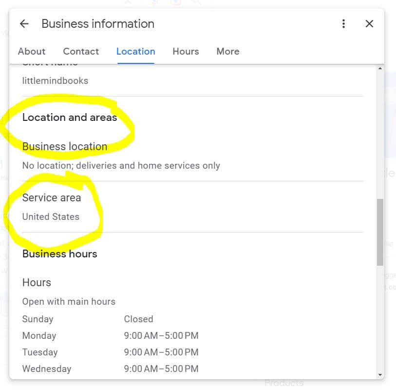 Showing where the user can change location settings in Google Business Profiles