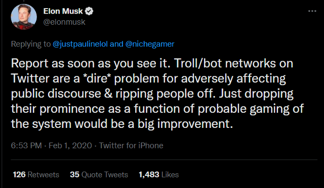 Real Elon Musk tweet addressing what to do about impersonators and scammers.