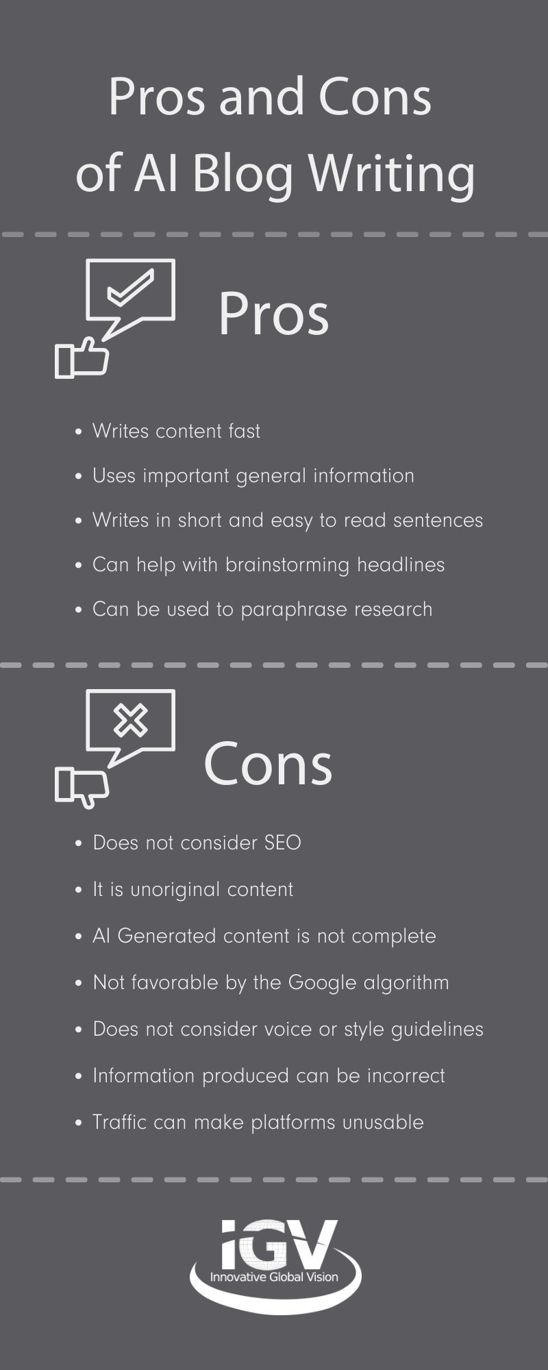  infographic of the Pros and Cons of AI Blog Writing, list shown is the same as in the blog article. 