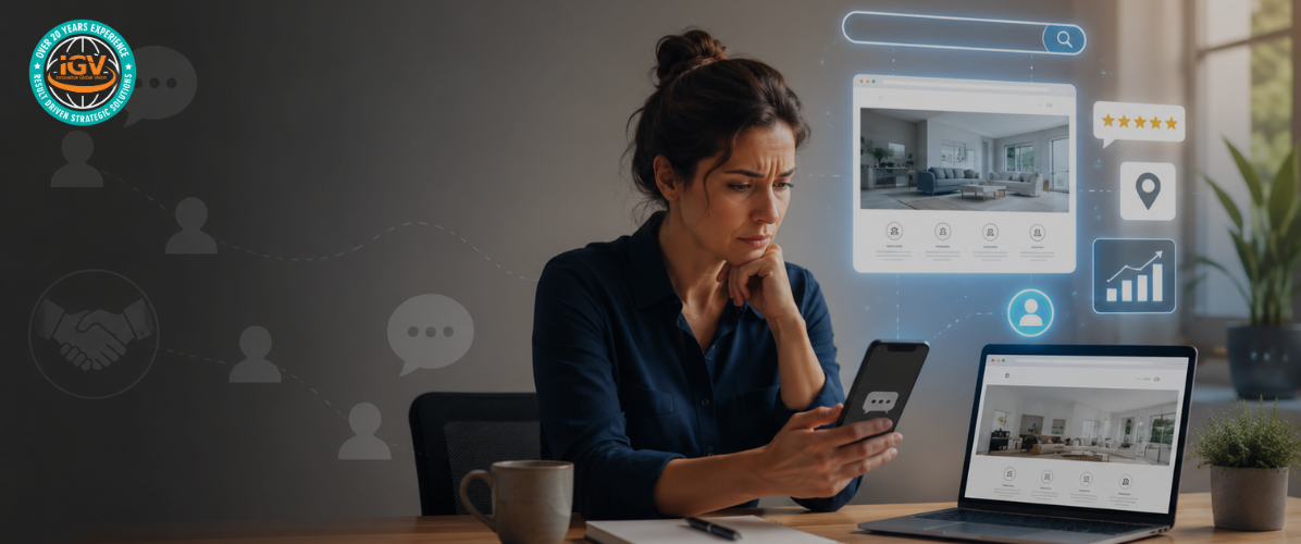 Concerned business owner checks her phone beside a laptop displaying a professional website, with faded referral icons and bright digital marketing symbols in the background.