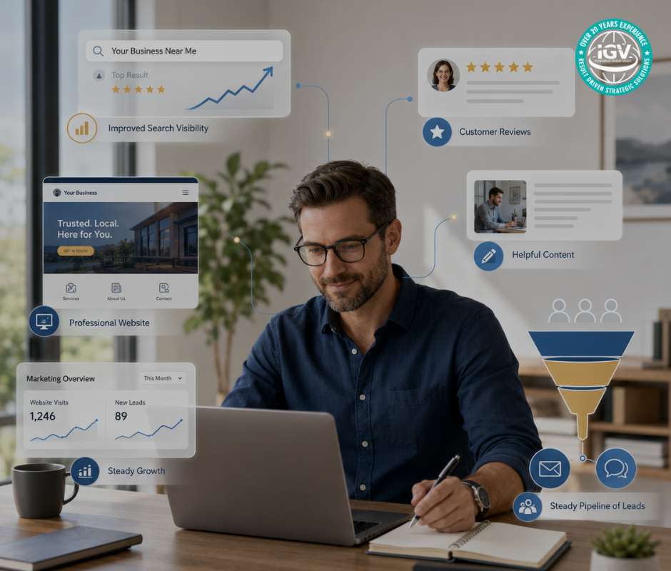 A business owner is improving search visibility, website quality, customer reviews, and content to build a steady pipeline of leads.