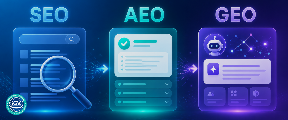 SEO, AEO, and GEO shown as connected digital search and AI panels in a futuristic interface.