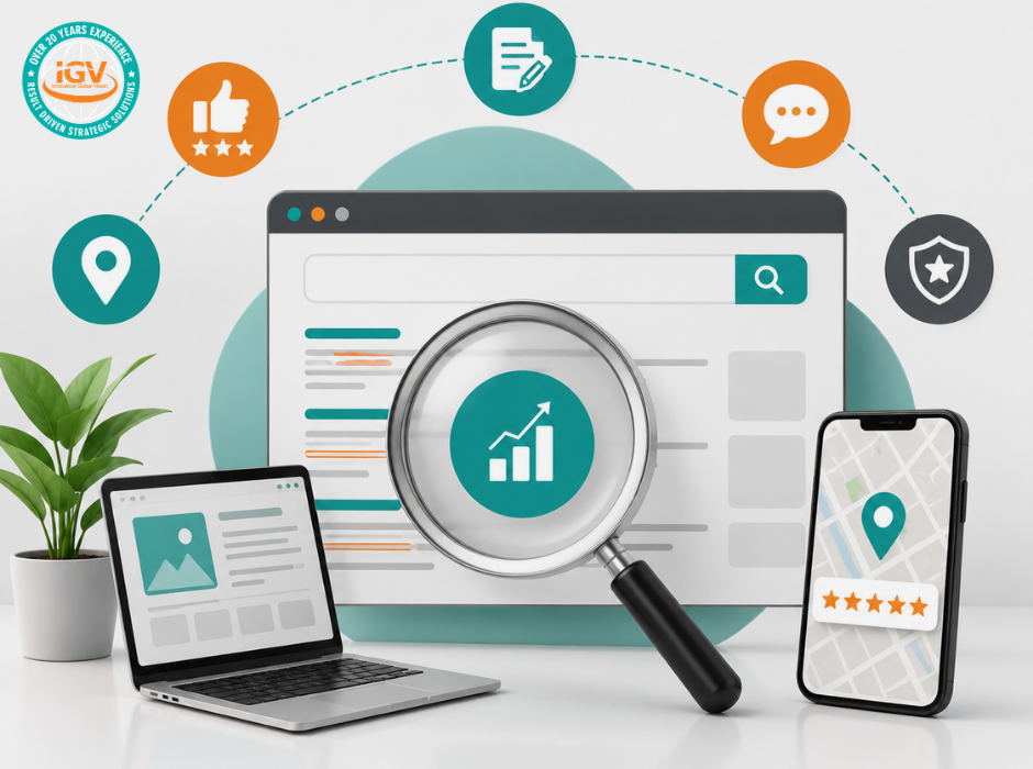 SEO concept image showing search visibility, local rankings, reviews, content, and website optimization.