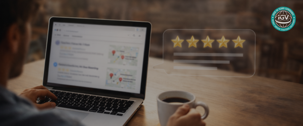 A person researching local businesses on a laptop with Google Maps and review ratings.