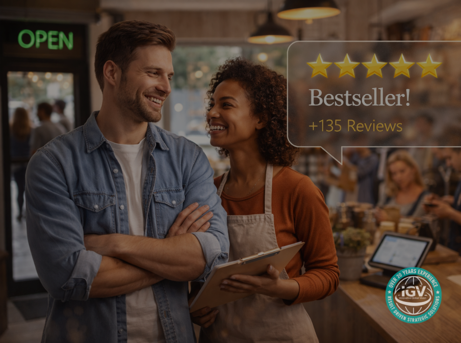 Small business owners smiling in a busy shop with five-star reviews, showing business success driven by positive customer feedback.