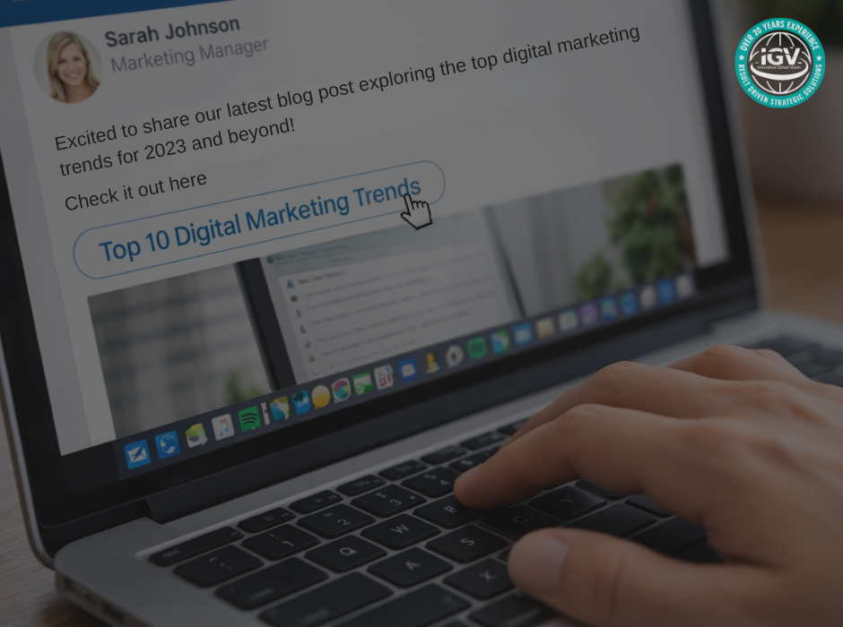 LinkedIn post on a laptop screen with a call-to-action button linking to a blog article about digital marketing trends.