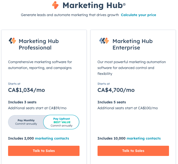 HubSpot pricing breakdown for large businesses and enterprises shown in CAD